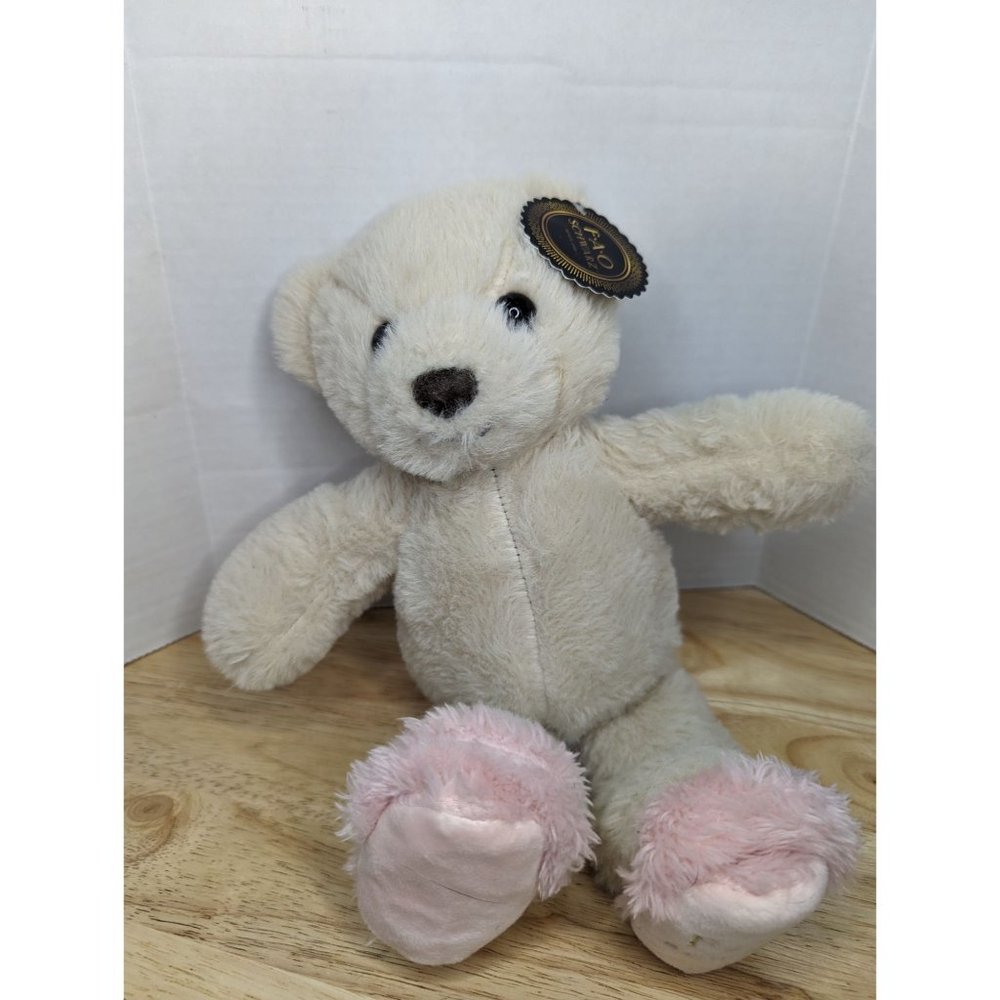 F-A-O Schwartz cream white‎ teddy bear with branded fuzzy pink slippers 12 inch